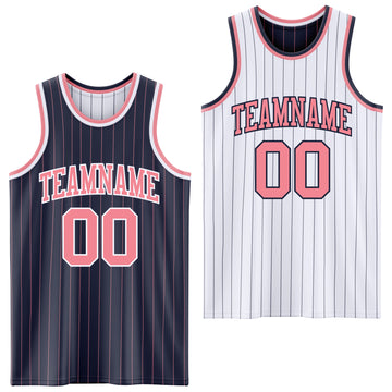 Custom Navy Medium Pink Pinstripe-White Reversible Double Side Sublimation Basketball Set Jersey