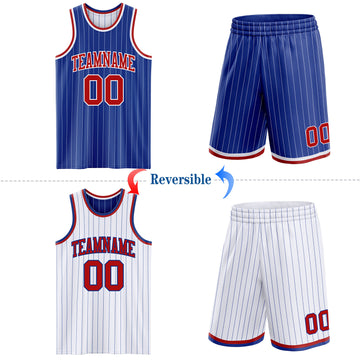 Custom Royal White Pinstripe-Red Reversible Double Side Sublimation Basketball Set Jersey