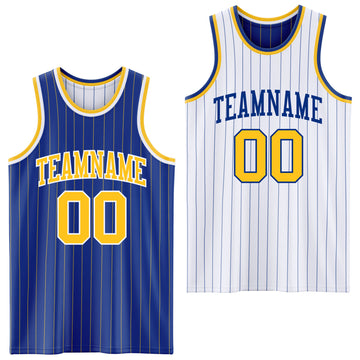 Custom Royal Gold Pinstripe-White Reversible Double Side Sublimation Basketball Set Jersey