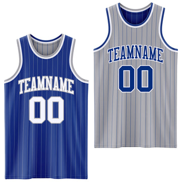 Custom Royal Gray Pinstripe-White Reversible Double Side Sublimation Basketball Set Jersey