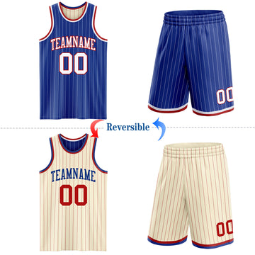 Custom Royal White & Cream Red Pinstripe Reversible Double Side Sublimation Basketball Set Jersey
