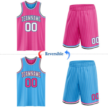 Custom Pink White Pinstripe Black-Sky Blue Reversible Double Side Sublimation Basketball Set Jersey