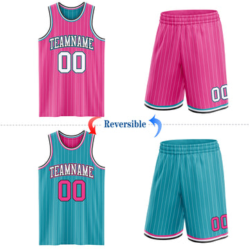 Custom Pink White Pinstripe Black-Teal Reversible Double Side Sublimation Basketball Set Jersey
