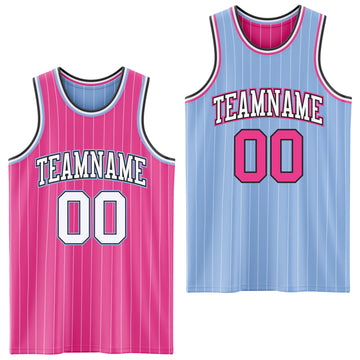 Custom Pink White Pinstripe Black-Light Blue Reversible Double Side Sublimation Basketball Set Jersey