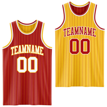 Custom Red Gold Pinstripe-White Reversible Double Side Sublimation Basketball Set Jersey