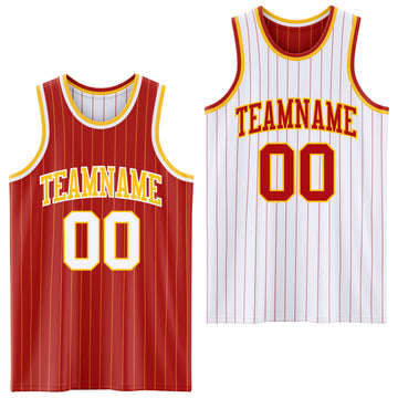 Custom Red Gold Pinstripe-White Reversible Double Side Sublimation Basketball Set Jersey