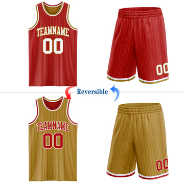 Custom Red Old Gold Pinstripe-White Reversible Double Side Sublimation Basketball Set Jersey