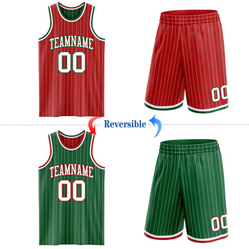 Custom Red White Pinstripe-Kelly Green Reversible Double Side Sublimation Basketball Set Jersey