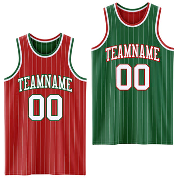 Custom Red White Pinstripe-Kelly Green Reversible Double Side Sublimation Basketball Set Jersey