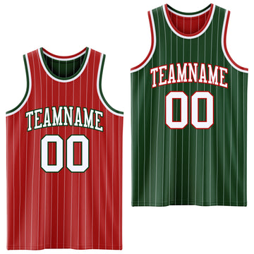 Custom Red White Pinstripe-Green Reversible Double Side Sublimation Basketball Set Jersey