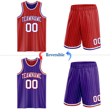 Custom Red White Pinstripe-Purple Reversible Double Side Sublimation Basketball Set Jersey