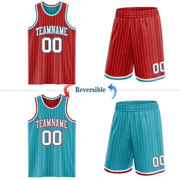 Custom Red White Pinstripe-Teal Reversible Double Side Sublimation Basketball Set Jersey
