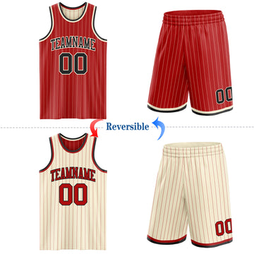 Custom Red Cream Pinstripe-Black Reversible Double Side Sublimation Basketball Set Jersey