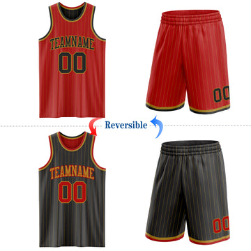 Custom Red Old Gold Pinstripe-Black Reversible Double Side Sublimation Basketball Set Jersey