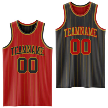 Custom Red Old Gold Pinstripe-Black Reversible Double Side Sublimation Basketball Set Jersey