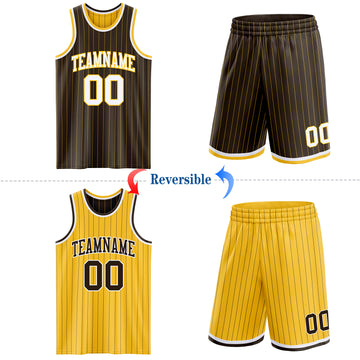 Custom Brown Gold Pinstripe-White Reversible Double Side Sublimation Basketball Set Jersey