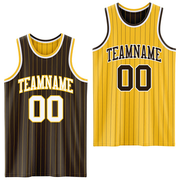 Custom Brown Gold Pinstripe-White Reversible Double Side Sublimation Basketball Set Jersey