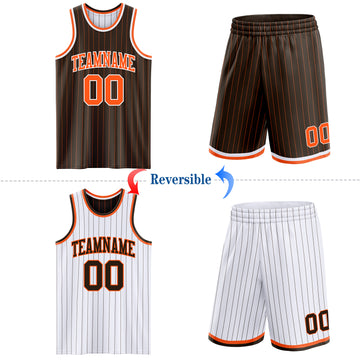 Custom Brown Orange Pinstripe-White Reversible Double Side Sublimation Basketball Set Jersey