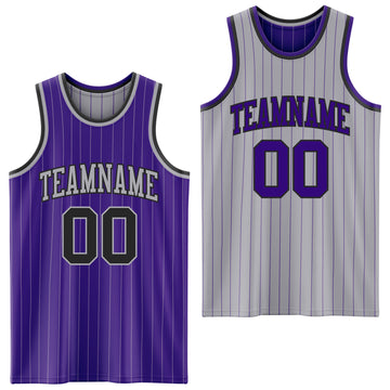Custom Purple Gray Pinstripe-Black Reversible Double Side Sublimation Basketball Set Jersey