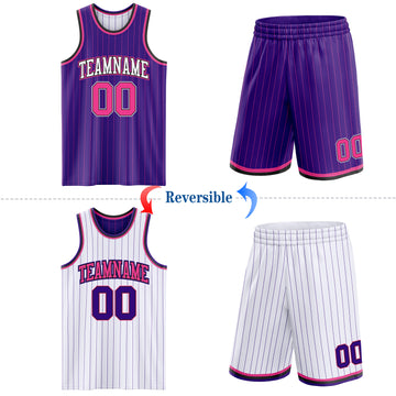Custom Purple Pink Pinstripe Black-White Reversible Double Side Sublimation Basketball Set Jersey