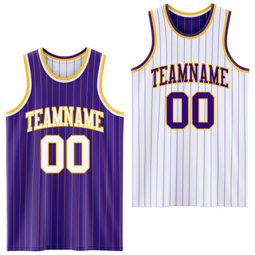 Custom Purple Gold Pinstripe-White Reversible Double Side Sublimation Basketball Set Jersey