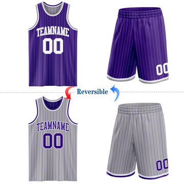 Custom Purple Gray Pinstripe-White Reversible Double Side Sublimation Basketball Set Jersey