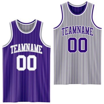 Custom Purple Gray Pinstripe-White Reversible Double Side Sublimation Basketball Set Jersey