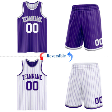 Custom Purple Gray Pinstripe-White Reversible Double Side Sublimation Basketball Set Jersey