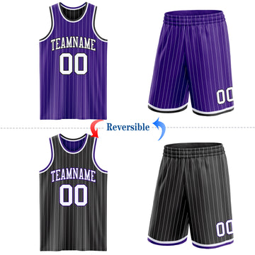 Custom Purple White Pinstripe-Black Reversible Double Side Sublimation Basketball Set Jersey
