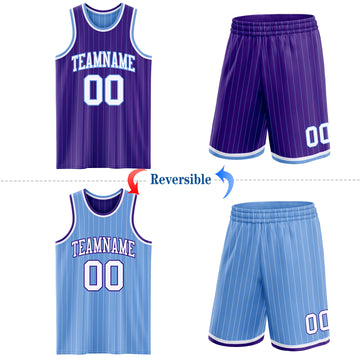 Custom Purple Light Blue Pinstripe-White Reversible Double Side Sublimation Basketball Set Jersey
