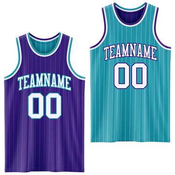 Custom Purple Teal Pinstripe-White Reversible Double Side Sublimation Basketball Set Jersey