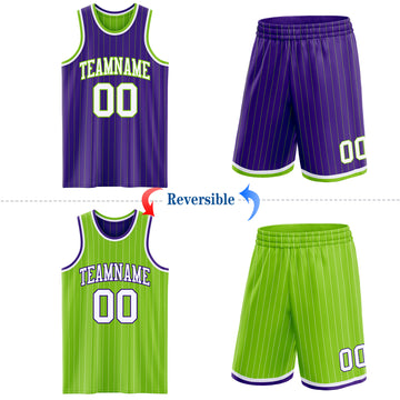 Custom Purple Neon Green Pinstripe-White Reversible Double Side Sublimation Basketball Set Jersey