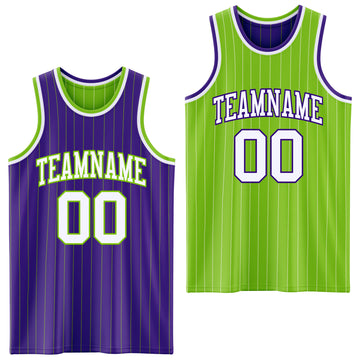 Custom Purple Neon Green Pinstripe-White Reversible Double Side Sublimation Basketball Set Jersey