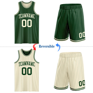Custom Green Cream Pinstripe Reversible Double Side Sublimation Basketball Set Jersey