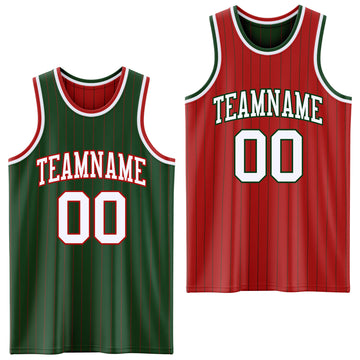 Custom Green Red Pinstripe-White Reversible Double Side Sublimation Basketball Set Jersey
