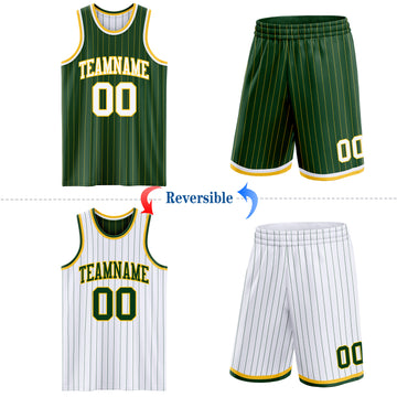 Custom Green Gold Pinstripe-White Reversible Double Side Sublimation Basketball Set Jersey