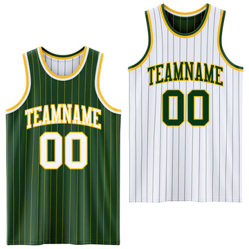Custom Green Gold Pinstripe-White Reversible Double Side Sublimation Basketball Set Jersey