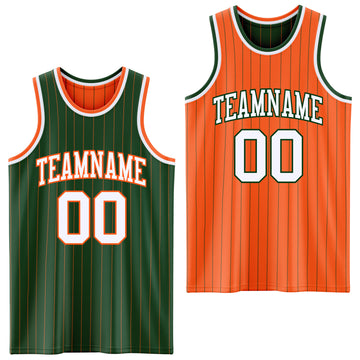 Custom Green Orange Pinstripe-White Reversible Double Side Sublimation Basketball Set Jersey