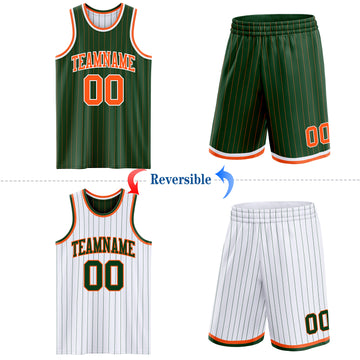 Custom Green Orange Pinstripe-White Reversible Double Side Sublimation Basketball Set Jersey