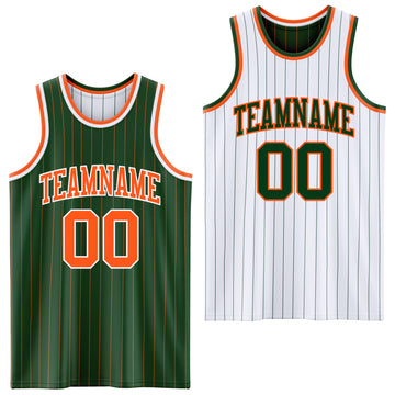 Custom Green Orange Pinstripe-White Reversible Double Side Sublimation Basketball Set Jersey