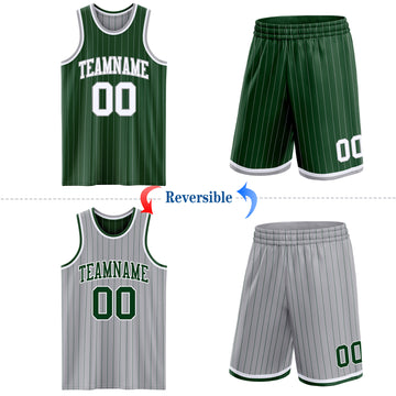 Custom Green Gray Pinstripe-White Reversible Double Side Sublimation Basketball Set Jersey
