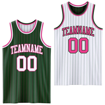 Custom Green Pink Pinstripe-White Reversible Double Side Sublimation Basketball Set Jersey