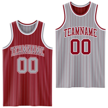 Custom Maroon Gray Pinstripe-White Reversible Double Side Sublimation Basketball Set Jersey