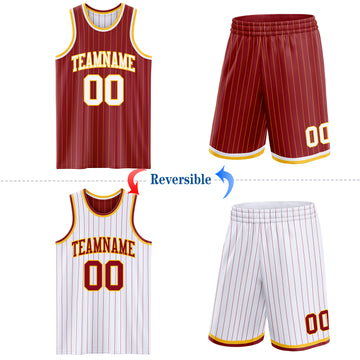 Custom Maroon Gold Pinstripe-White Reversible Double Side Sublimation Basketball Set Jersey