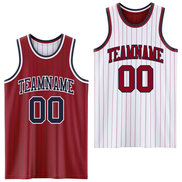 Custom Maroon Navy Pinstripe-White Reversible Double Side Sublimation Basketball Set Jersey