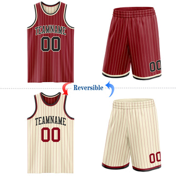 Custom Maroon Cream Pinstripe-Black Reversible Double Side Sublimation Basketball Set Jersey