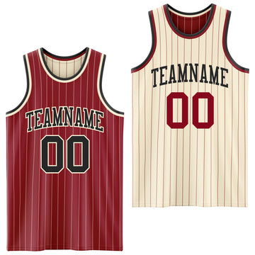 Custom Maroon Cream Pinstripe-Black Reversible Double Side Sublimation Basketball Set Jersey