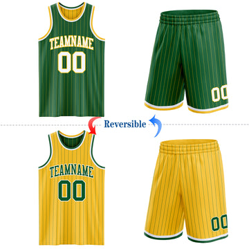Custom Kelly Green Gold Pinstripe-White Reversible Double Side Sublimation Basketball Set Jersey