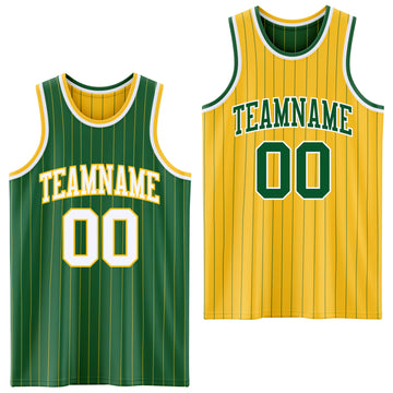 Custom Kelly Green Gold Pinstripe-White Reversible Double Side Sublimation Basketball Set Jersey