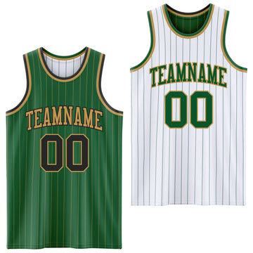 Custom Kelly Green Old Gold Pinstripe-Black Reversible Double Side Sublimation Basketball Set Jersey